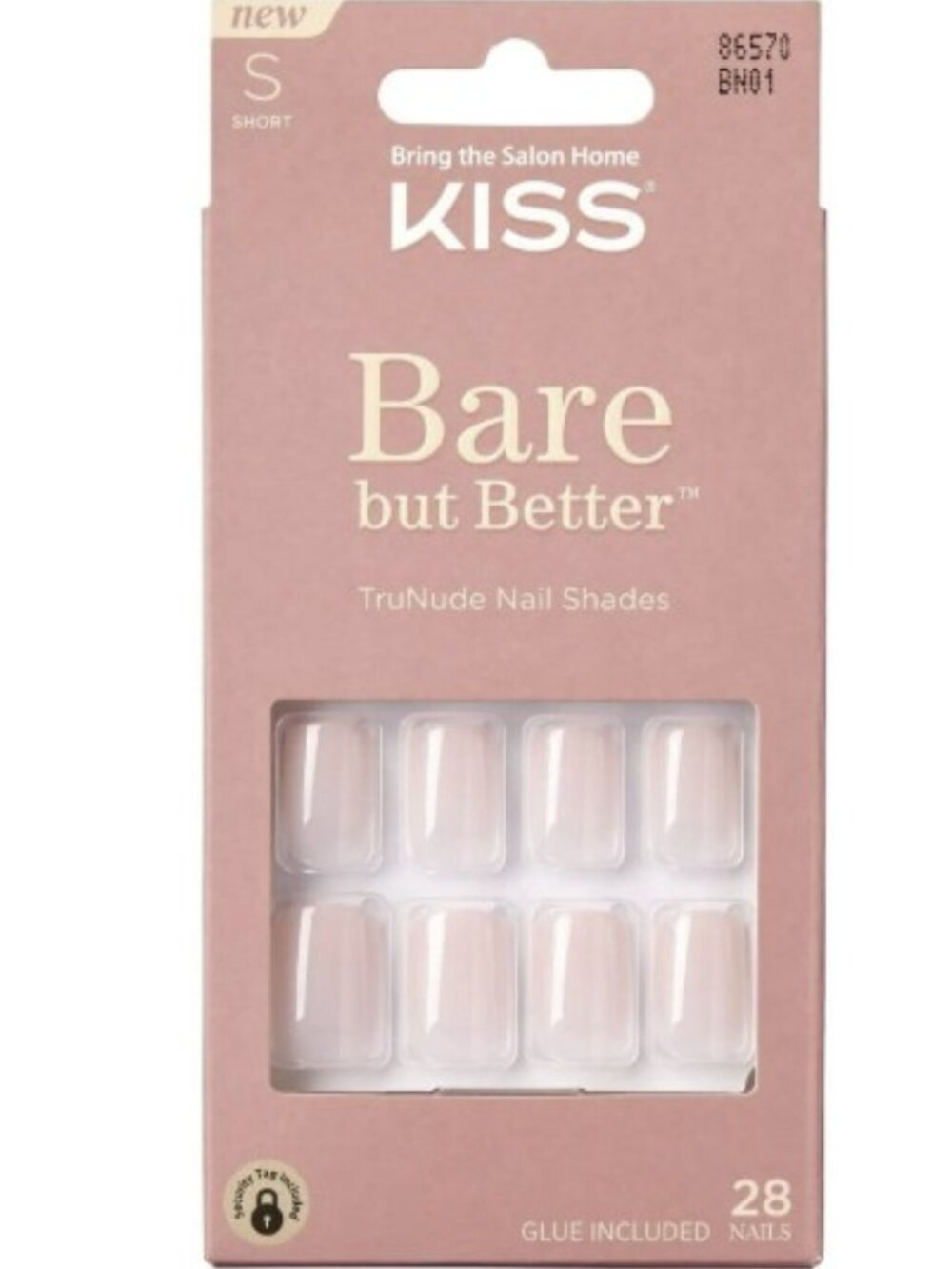New in Box, Kiss Bare But Better Glue On Nails, Short, pale pink, 86570, BN01